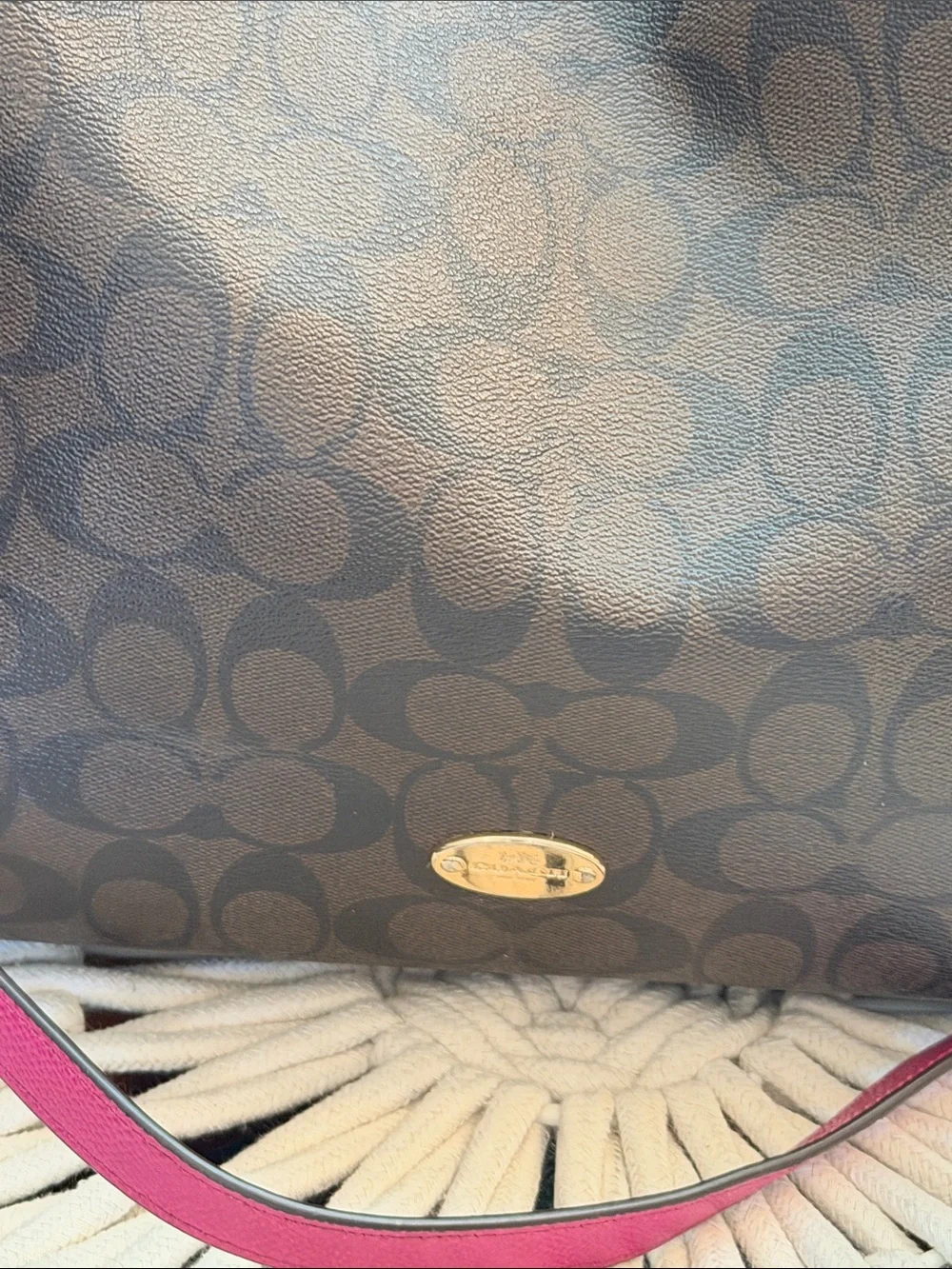 Coach Celeste Convertible Brown Signature Hobo with Fuchsia Leather Accents